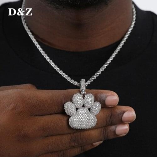 D&Z New Paw Pendant Necklace Iced Out Cubic Zircon Stones In Gold Silver Color Hip Hop Jewelry With 4mm Rope Chain