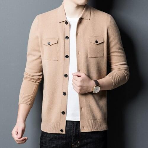 100% Wool Men Knitted Cardigan 2020 Spring Autumn Mens long sleeve Single-Breasted Sweater Coat Jacket