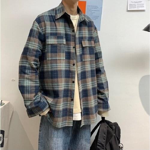 Korean Version of The Plaid Shirt Mens Spring New College Style Loose Jacket Hong Kong Style All-match Long-sleeved Shirt