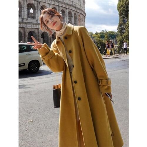 Korean Style Loose Mid-Length Yellow Woolen Coat Women Thickened 2020 Autumn And Winter New Temperament Blend Windbreaker y476