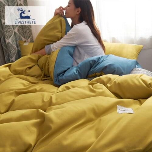 Liv-Esthete Bedding Set Yellow Duvet Cover Blue Flat Sheet Or Fitted Sheet With 2PCS Pillowcase Home Decor Double Bedspread