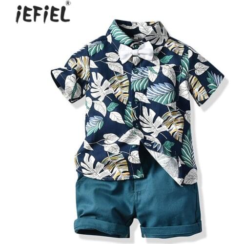 Cute Boys Clothes Summer Casual Leaf Printed Button-Down Shirt Short Sleeve Baby Kids Clothes Summer Beach Streetwear Boys Set