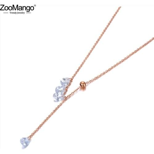ZooMango Trendy Office Style Stainless Steel Water Drop CZ Crystal Choker Necklace Rose Gold Pendant Necklace For Women ZN20109