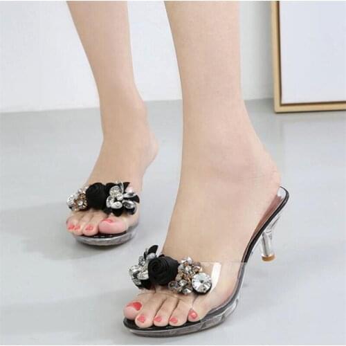 Fashion Sexy Slippers with Heels Plus Size Womens Shoes Flower Heels Summer Slipers Women Rhinestone Sandals Transparent Sandal