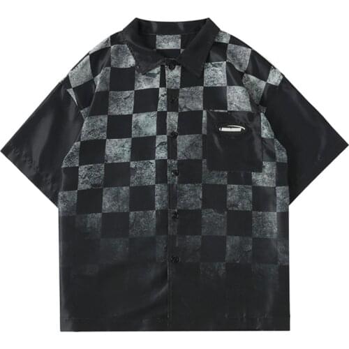 Dark Streetwear Gradient Checkerboard Print Punk Men Shirt Short Sleeve Stylish Summer Button Up Shirts Camisa Social Masculina