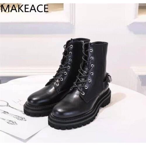 New Autumn Black Real leather Round toe Short Boots Woman Metal Chain Decoration Mid-heel Square Heel Martin Boots Women 2021