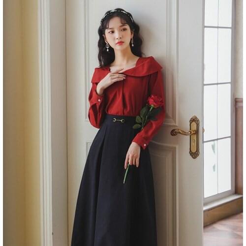 Autumn Female Elegant Retro Skirt Set Lady Red Chic Lapel Retro Blouse Female+Literary Skirt Two Piece Set Women Fashion OL Suit