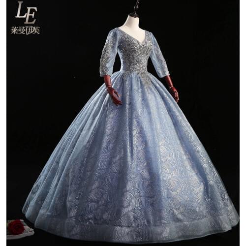 Ash blue embroidery flower beading court ball gown royal Medieval Renaissance Victorian dress Belle ball
