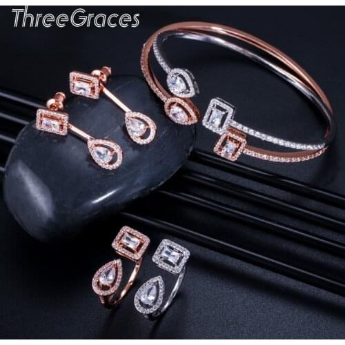 ThreeGraces Luxury Jewelry Rose Gold Color CZ Round Open Cuff Bangles Bracelet Earrings Rings Set for Women Party Gift JS094