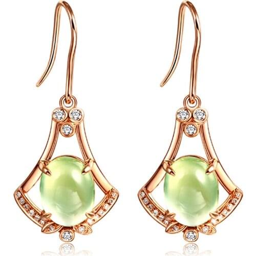 Green crystal jade gemstones AAA zircon diamonds dangle drop earrings for women rose gold color dress jewelry bijoux gifts