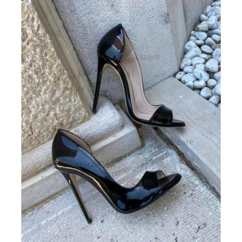 Moraima Snc Peep Toe High Heel Shoes Woman Black Patent Leather Party Dress Heels Ladies Cutouts Thin heels Pumps