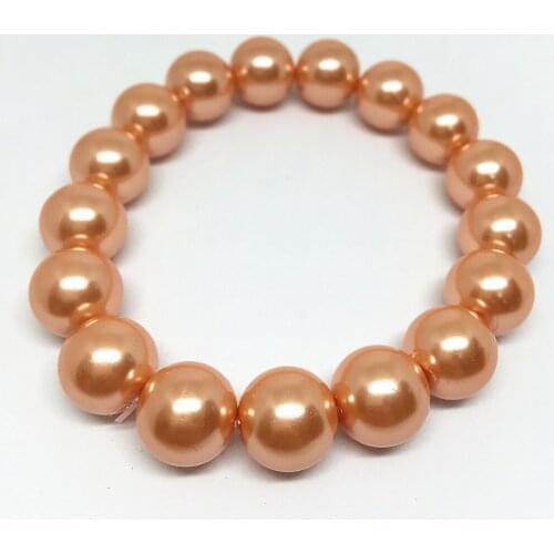 Unique orange round shell simulated-pearl 8,10,12,14mm charm beads simple elastic rope bracelet jewelry 7.5inch B1527