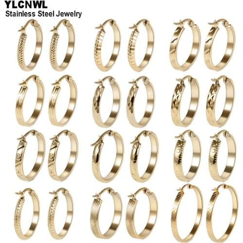 Gold Color Stainless Steel Round Hoop Earrings For Women Ladies Jewelry Party Accessories Gift