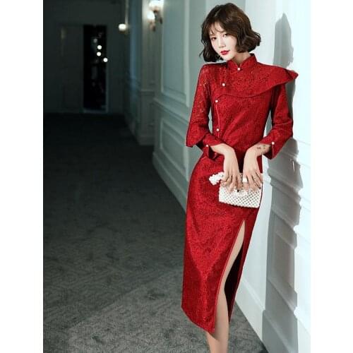 Oriental Dress Women Vestido Shanghai Story Cheongsam Slit red Qipao stand collar lace gown Asian tang suit elegant clothing
