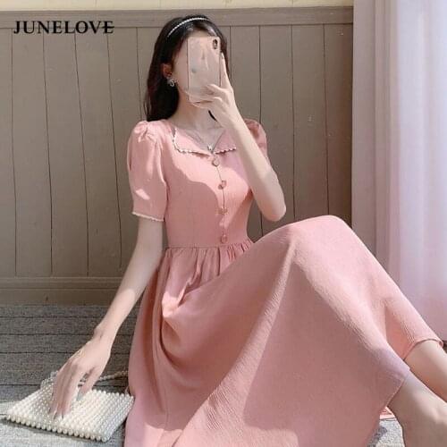 Pink Elegant Party Dress Women Slim High Waist Korean Sweet Midi Dresses Female Short Sleeve Summer 2021 Casual Princess Clothes