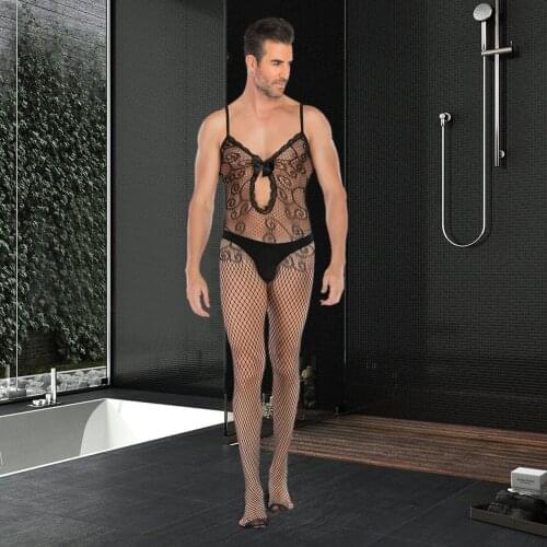 1PC Men Sentiment Hollowed Out Black Sexy Perspective Net Intimates сексуальное женское белье Sissy bow jumpsuit Fishing net T3