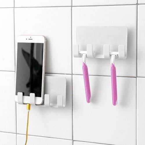 1 Pcs Wall Mount Self-adhesive Hanger Storage Shelf Phone Charging Bracket Stand Multifunction Wall Shelf RackToothbrush Rack