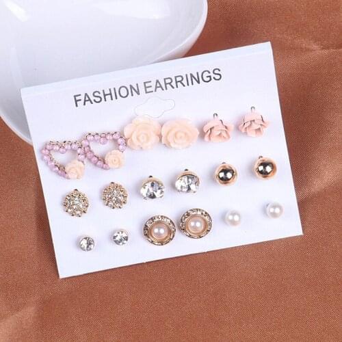 9 Pairs/set Stud Earrings Women Set Gold Rose Flower Crystal Rhinestone Heart Ball Shape Stud Earrings Jewelry Brincos