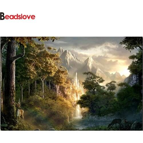 Large size Full Square round drill 5D Diamond painting deers natural forest landscape Diamond embroidery Cross stitch