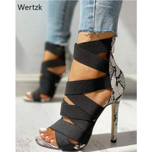 Sandalias Mujer Womens Ladies Pumps Fashion Bandage Patchwork Mixed Colors Snake High Heels Sandals Casual Shoes size37~43 B507