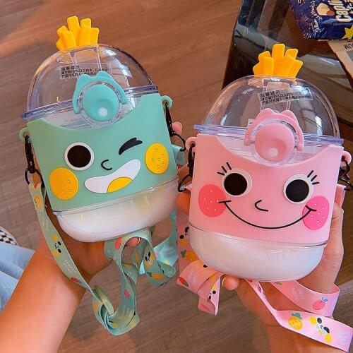 Water Bottle Touring Drinking Bottle With Straw Cartoon Cute Expression French Fries Plastic Cups Portable Rope Leakproof Kettle
