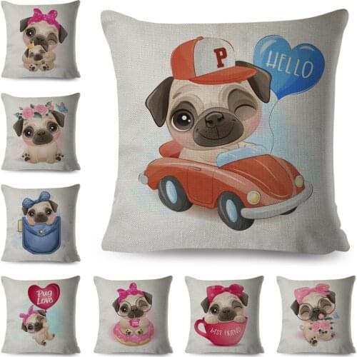 Cartoon Pet Dog Cushion Cover Decor Lovely Pug Animal Print Pillow Case Polyester Pillowcase for Children Room Sofa Home 45x45cm