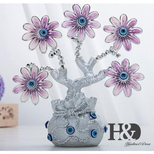 H&D Fengshui Lucky Turkish Blue Evil Eye Flower Tree Figurine Protection for Money Fortune Sliver Wealth Bag Good Luck Gift