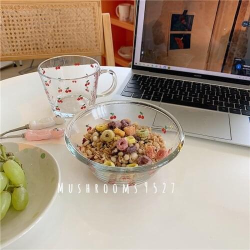 Korean Style Cute Cherry Round Bowl Graduated Glass Breakfast Cereal Milk Fruit Cup Salad Bowl Milk Coffee Cup