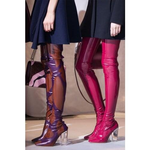 Beautiful Women Thigh High Boots Perspex High Heels Over the Knee Celebrity Shoes Clear Heels Red Blue Black Size 35-42