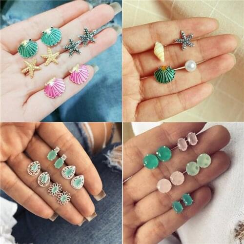 LETAPI 2020 New Summer Jewelry Cute Shell Starfish Stud Earrings Set For Women Colorful Geometric Stone Female Earrings
