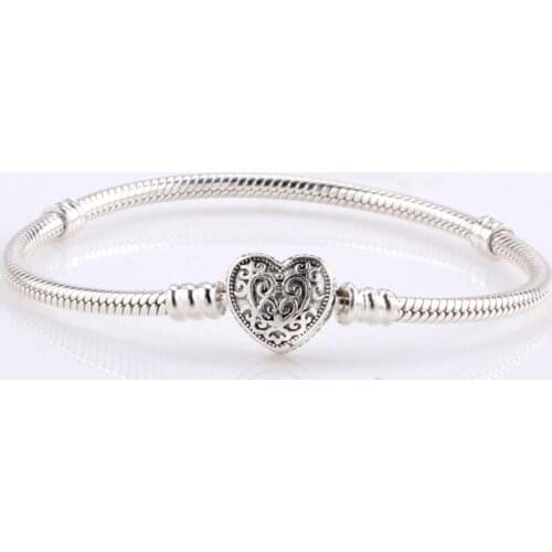 Moments Heraldic Lace Enchanted Heart Clasp Snake Pan Bracelet Fit 925 Sterling Silver Bead Charm Diy Fine Jewelry
