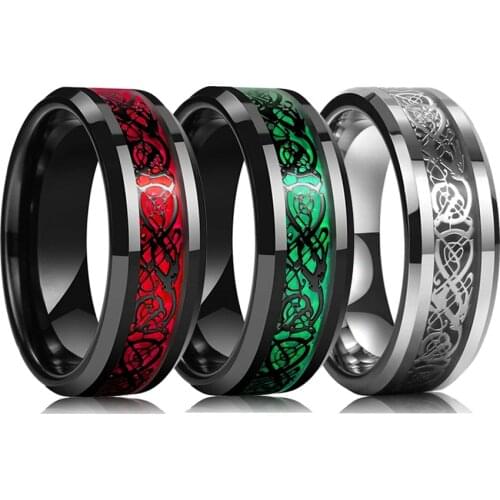 8mm Mens Stainless Steel Celtic Dragon Ring Inlay Red Green Black Carbon Fiber Ring Wedding Band Jewelry for Man Size 6-13