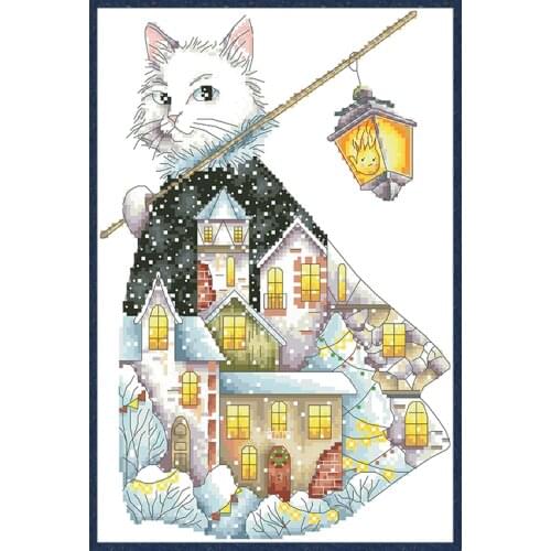 Christmas Cat Cross Stitch Patterns Kits Printed Needlework Sets Animal Embroidery Paintings 11CT 14CT Diy Crafts Home Decoratio