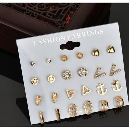 12 Pairs Ear Nail Set 2019 New Geometric Anchor Hand Heart Shaped Stud Earrings for Women Girls Fashion Exquisite Ear Jewelry