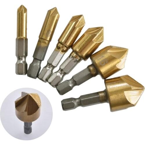 6pcs Hex Shank Countersink Drill Bits 6-19mm Titanium Coated HSS 5 Flute Hole Drill Countersink 90 Degree Wood Chamfering Cutter