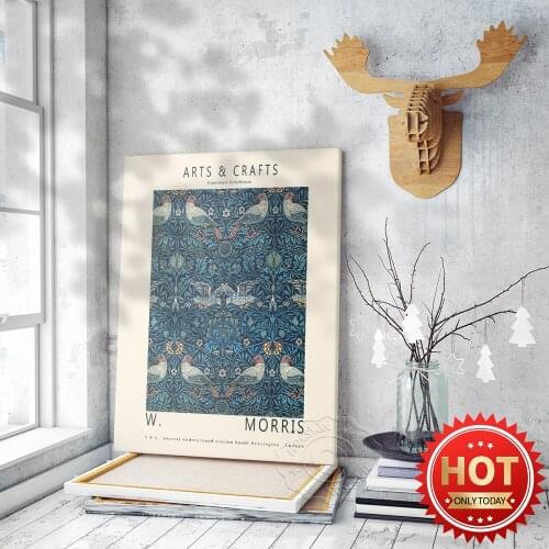 William Morris Exhibition Poster, Retro Bird Flower Pattern Print Art, Gallery Mural Painting, W. Morris Artwork Museum Poster