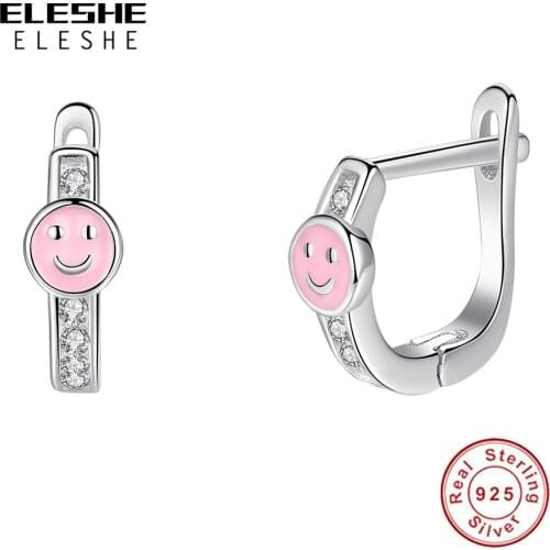 Pink Enamel Smile Face Children Earrings Authentic 925 Sterling Silver Clear CZ Hoop Earrings For Girls Kids Jewelry