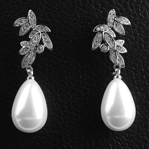 1.5" White Teardrop Sea Shell Pearl CZ Silver Pave Earrings