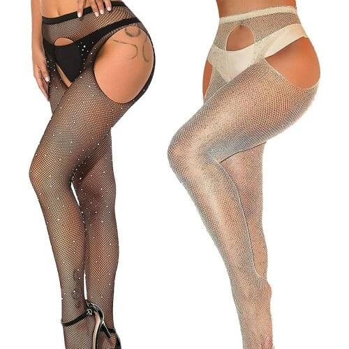 Bling Tights Plus Size Women Lingerie Open Crotch Rhinestone Mesh Fishnet Pantyhose Party Club Sexy Stockings Collant Femme