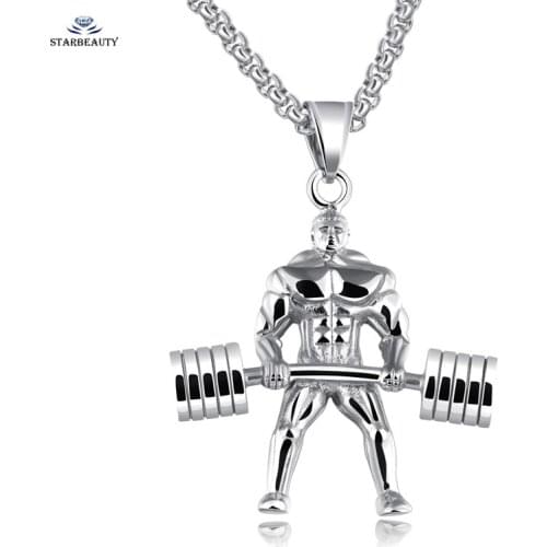 Strong Muscle Weightlifting Necklace Long Necklace Men Barbell Necklaces Pendants Fit Neckless Jewelry Cool Exercise Accessory