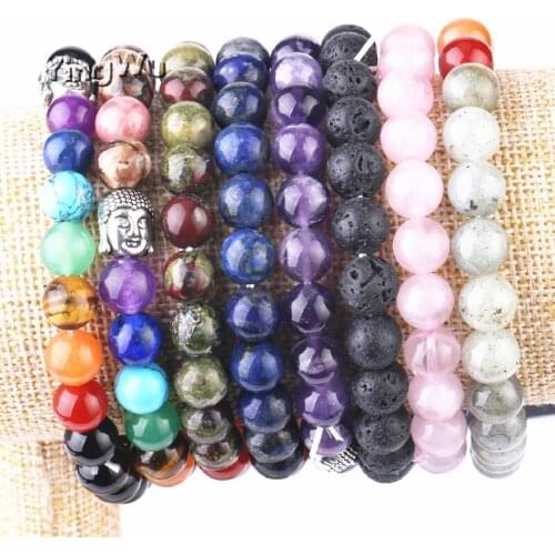 Yingwu Chakra Natural Stone Elastic Bracelet Buddha Head Beaded Bracelets Reiki Healing Crystal Quartz Yoga Women Men Jewelry