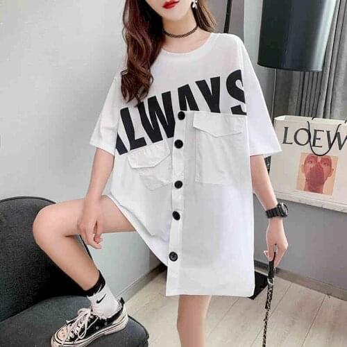 2021 Summer Womens T-shirt Meat Covering Design Loose Short-sleeved T-shirt Female Plus Large Size Stitching Half-sleeved Top