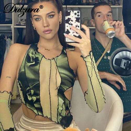 Dulzura Tie Dye Mesh Patchwork Women Crop Top Tanks Gloves See Through Sheer Bodycon Sexy Streetwear 2020 Autumn Winter Club