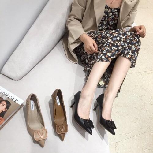 French high-heeled shoes for women autumn new versatile soft leather shallow pointed thin heel web celebrity single shoes heels