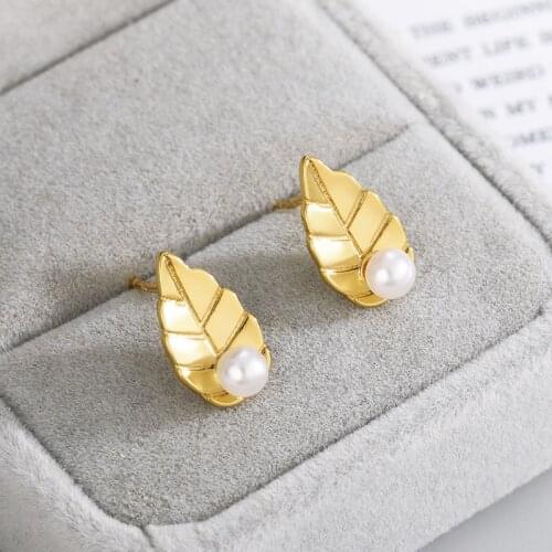 Leaf Pearl Stud Earrings For Women Girls Gold Silver Color Boho Earings Jewerly Christmas Gift 2020 Trend boucle oreille femme