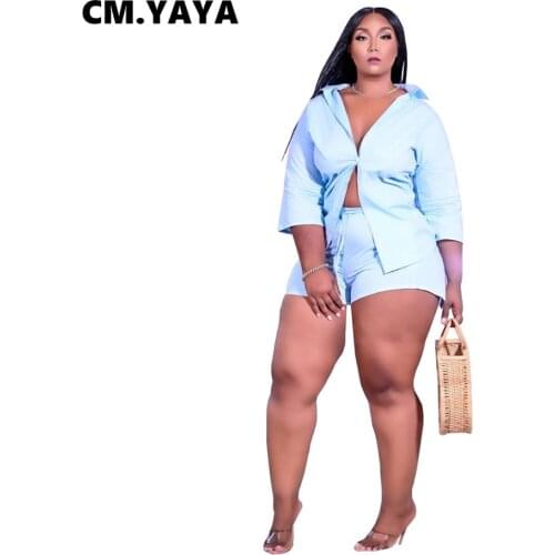 CM.YAYA Women Set Solid Three Quarter Sleeve Single Breasted Tops Skinny Shorts Two 2 Piece Sets Tracksuit Summer Casual Outfits