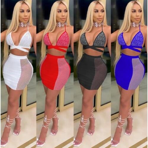 Women Sexy Diamond 2pcs Clubwear Halter Bandage Strap V-Neck Back Cross Tie Up Crop Top Bras + Bodycon Mini Skirts Clubwear Sets
