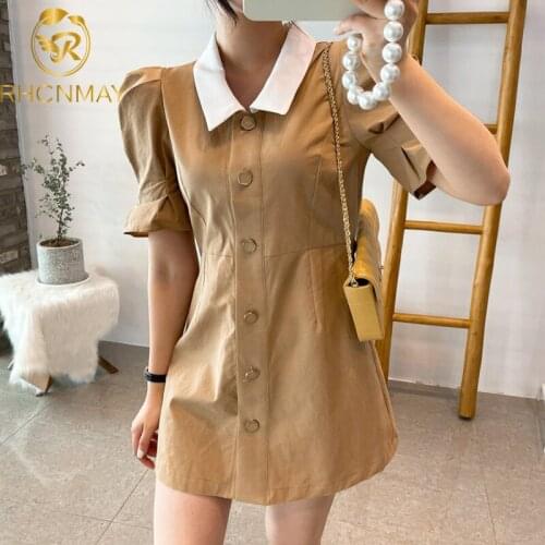 Women Dress 2021 Korea Chic Summer Temperament Lapel Elegant Single-breasted Slim High Waist Puff Sleeve Dress Vestidos