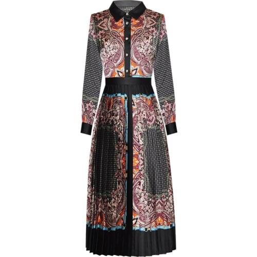 Vintage Designer Women Print Dress Elegant Turn-Down Collar Long Sleeve Pleated Dresses M3902