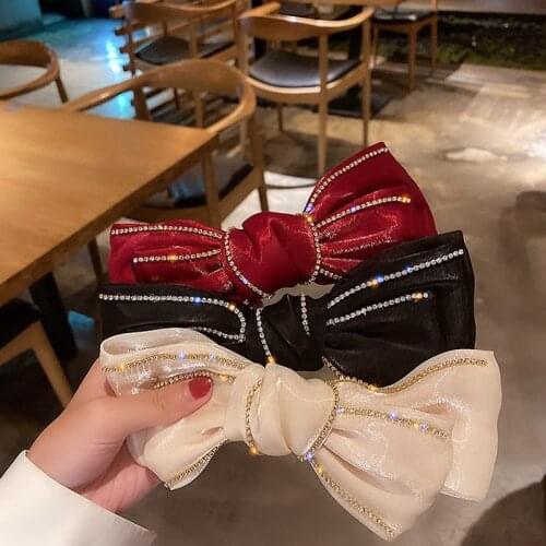 2020 New Style With Diamond Skirt Big Bow Silk Cloth Mercerized Fabric Top Clip Spring Clip Hairpin